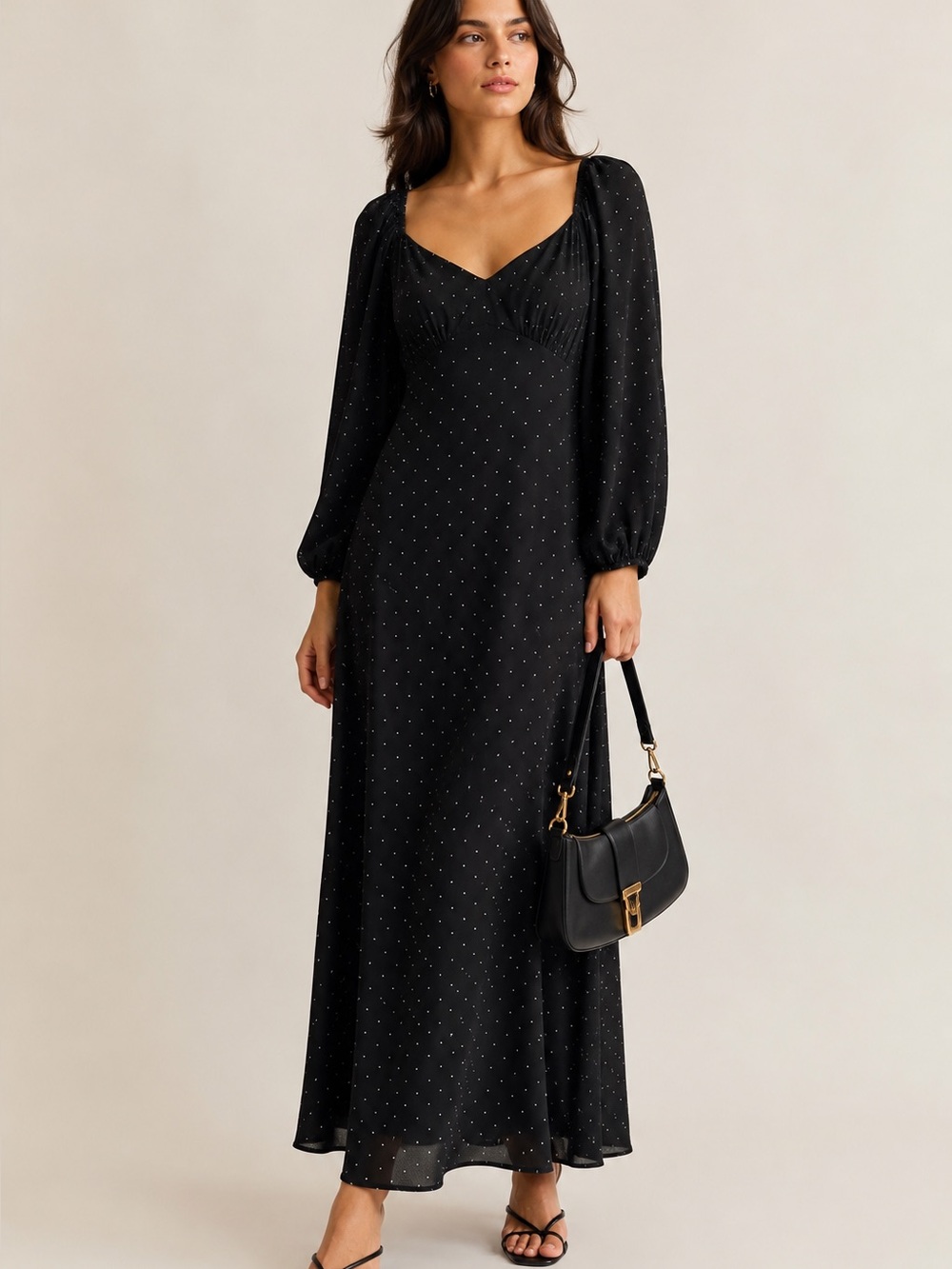 Black Polka Dot Maxi Dress | French-Inspired Minimalist Style - Medium